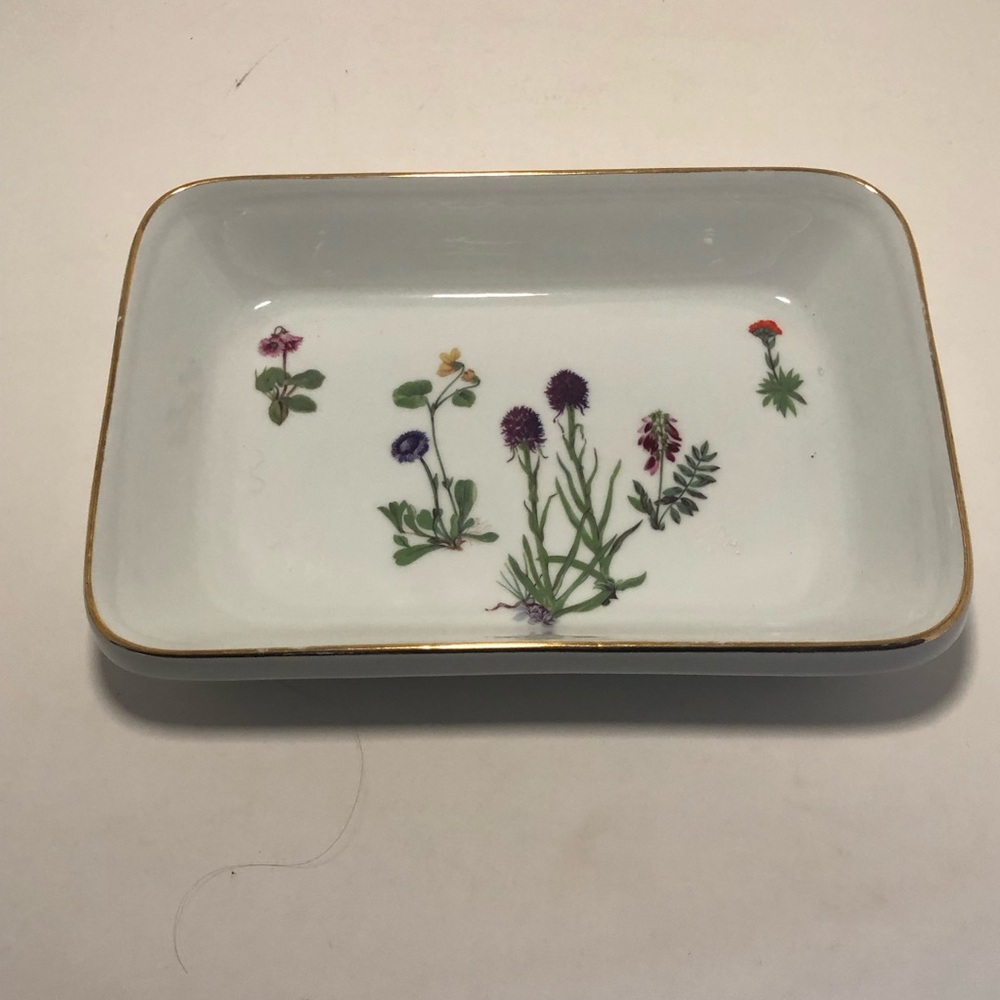 Llourioux Floral Porcelain Rectangular Dish with Gold Tone Trim